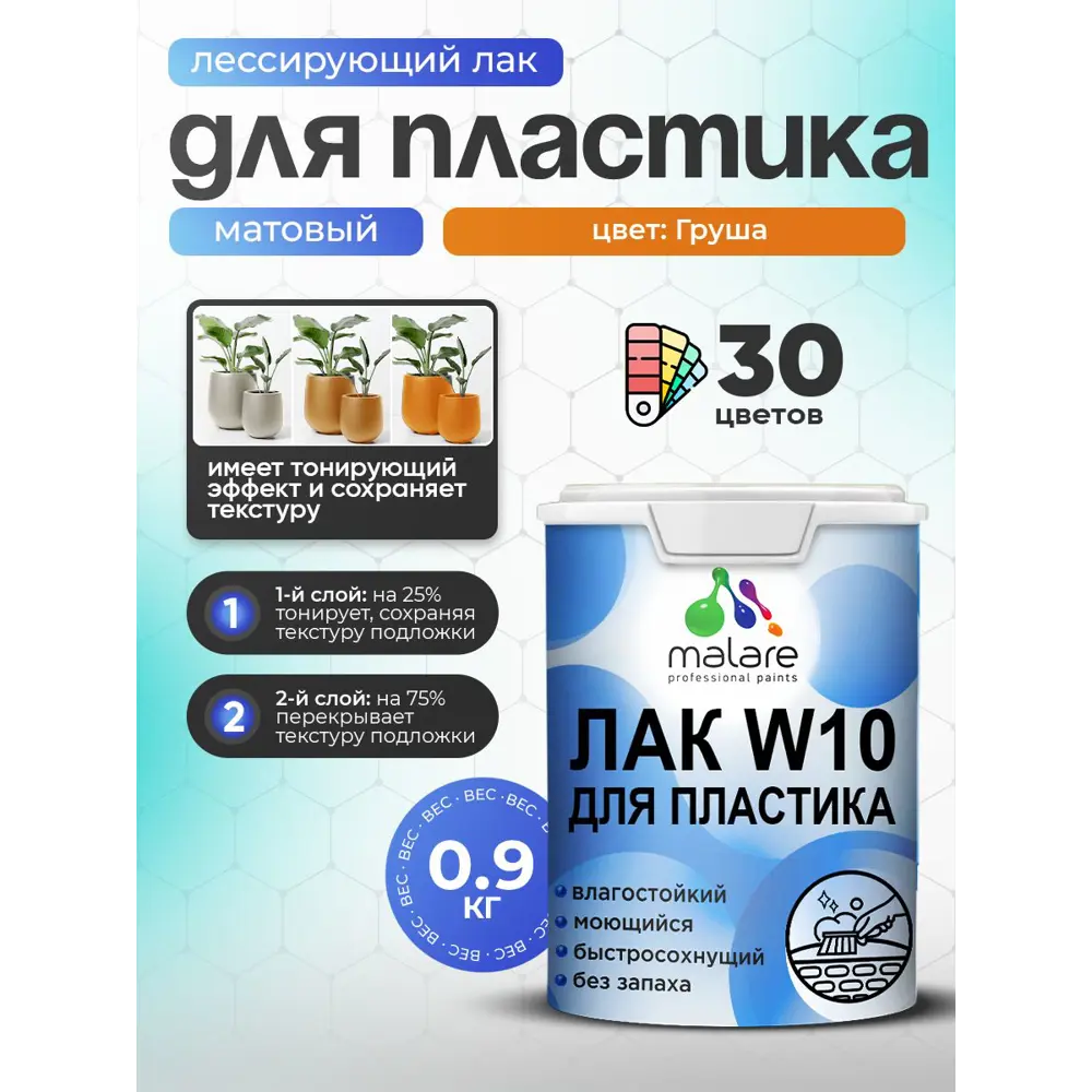 Фото 2 Лак для пластика тонирующий Malare Series W моющийся быстросохнущий матовый груша 0.9 кг Фото 2 Лак для пластика тонирующий Malare Series W моющийся быстросохнущий матовый груша 0.9 кг