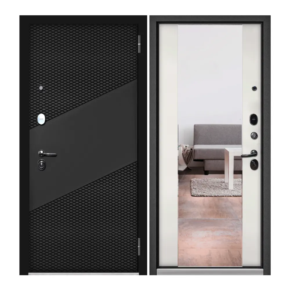 Фото 4 Входная дверь Unicorn Loft правый 205x86см цвет черный матовый/белый ларче с зеркалом Фото 4 Входная дверь Unicorn Loft правый 205x86см цвет черный матовый/белый ларче с зеркалом