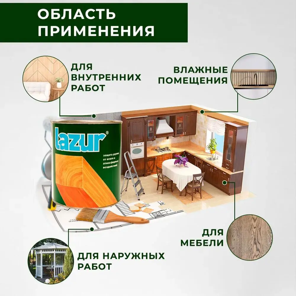 Фото 4 Защитно-декоративный антисептик для мебели и дерева Lazur влагоотталкивающий сосна 9л Фото 4 Защитно-декоративный антисептик для мебели и дерева Lazur влагоотталкивающий сосна 9л