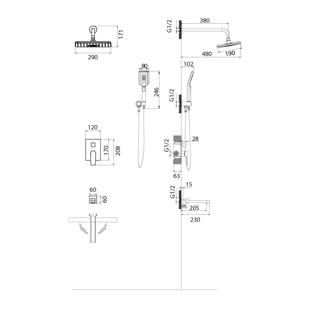 Фото 8 Душевая система Grossman Classic 501.K35.04.210 скрытого монтажа цвет черный матовый