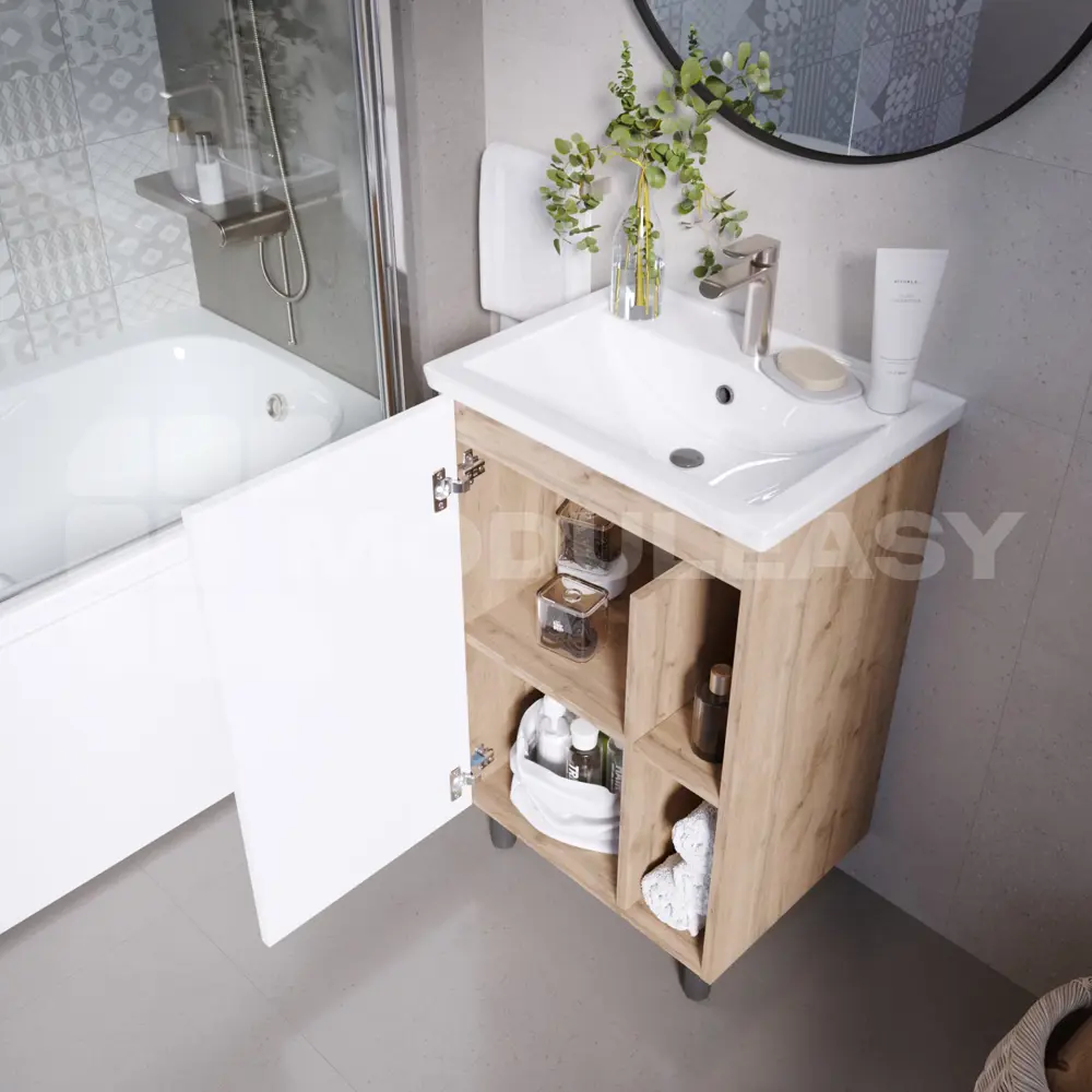Фото 4 Тумба с раковиной Moduleasy Dove 50x84x40Н 1д 2п дуб вотан/белая аляска Фото 4 Тумба с раковиной Moduleasy Dove 50x84x40Н 1д 2п дуб вотан/белая аляска