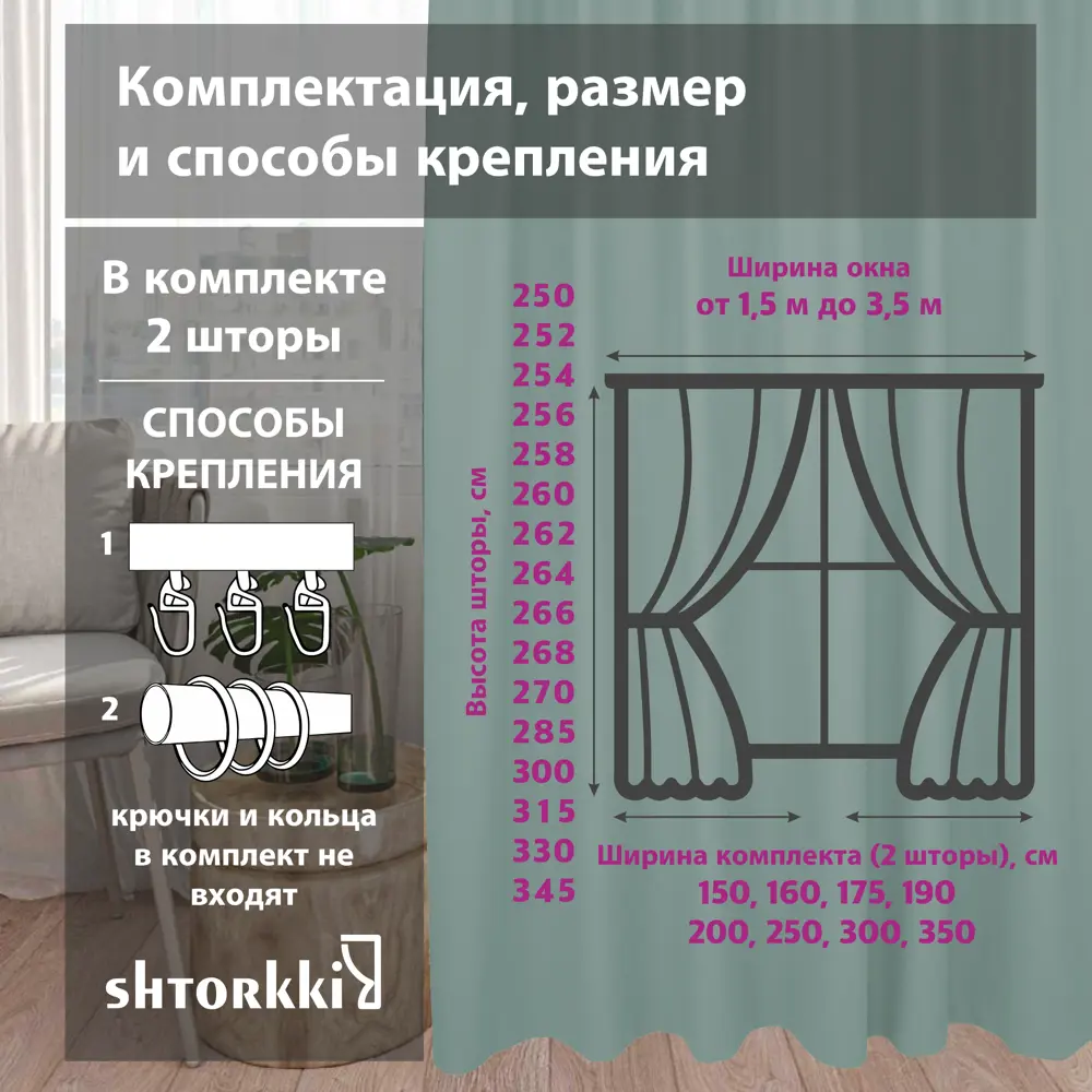 Фото 2 Комплект штор на шторной ленте Shtorkki Блэкаут Turchese 200x252 см цвет мятный