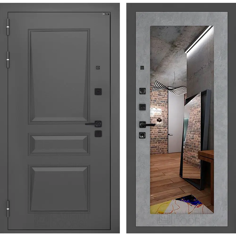 Фото Входная дверь Labirintdoors Орлеан П18 левый 205x96см цвет муар серый 7024 матовый/бетон светлый с зеркалом Фото Входная дверь Labirintdoors Орлеан П18 левый 205x96см цвет муар серый 7024 матовый/бетон светлый с зеркалом