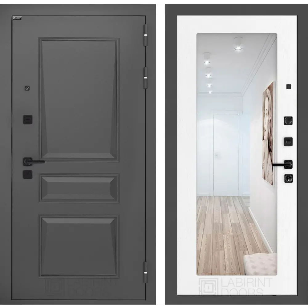 Фото Входная дверь Labirintdoors Орлеан П18 правый 205x96см цвет муар серый 7024 матовый/белое дерево с зеркалом Фото Входная дверь Labirintdoors Орлеан П18 правый 205x96см цвет муар серый 7024 матовый/белое дерево с зеркалом