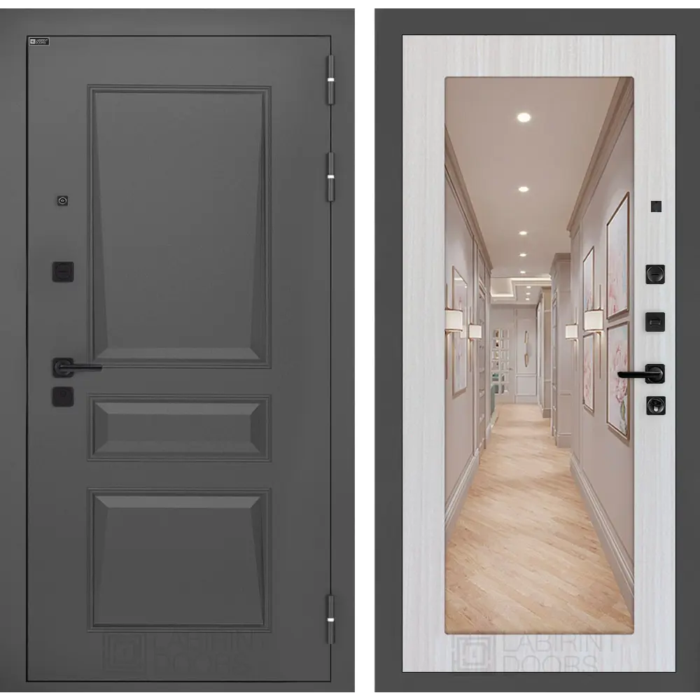 Фото Входная дверь Labirintdoors Орлеан П18 правый 205x88см цвет муар серый 7024 матовый/сандал белый с зеркалом Фото Входная дверь Labirintdoors Орлеан П18 правый 205x88см цвет муар серый 7024 матовый/сандал белый с зеркалом