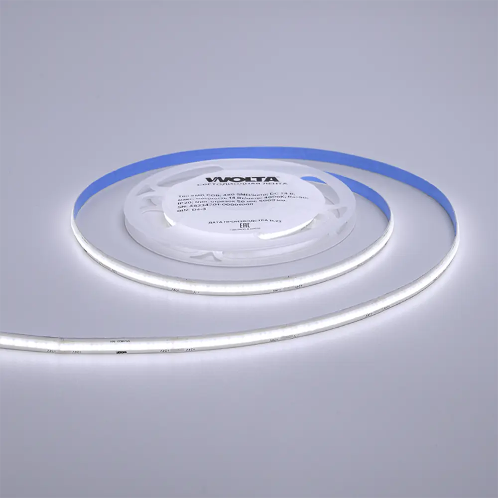Фото 3 Светодиодная лента Wolta Wlscob-14w 480 диод/м 14 Вт/м 24 В 0.8 см IP20 5 м холодный белый (голубой) свет Фото 3 Светодиодная лента Wolta Wlscob-14w 480 диод/м 14 Вт/м 24 В 0.8 см IP20 5 м холодный белый (голубой) свет