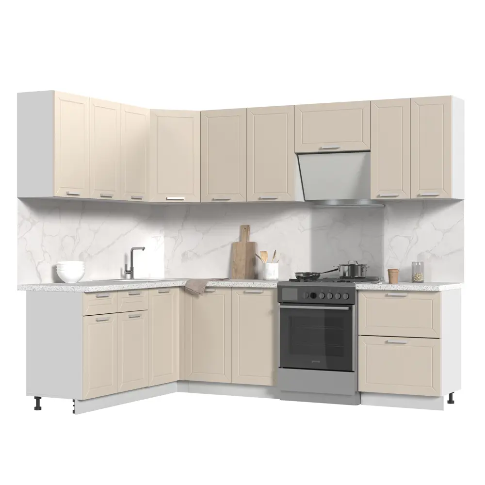 Фото Кухонный гарнитур угловой Стендмебель Альфа со столешницей Лён 26мм 200x217x180 см ЛДСП цвет белый/холст белый