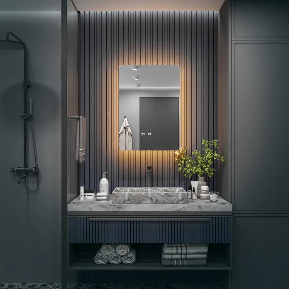 Фото 3 Шкаф с зеркалом Alias Эос 90x60 с тёплой LED-подсветкой петли слева часы Фото 3 Шкаф с зеркалом Alias Эос 90x60 с тёплой LED-подсветкой петли слева часы