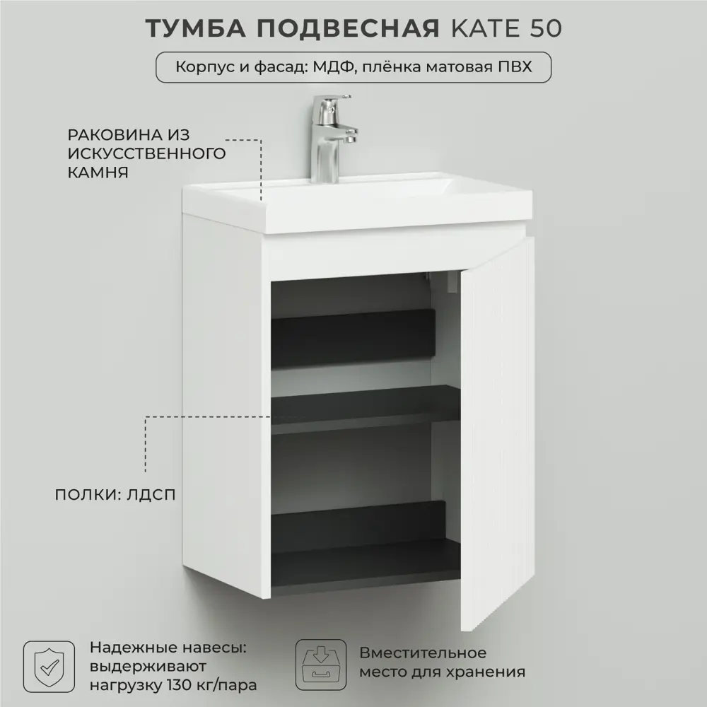 Фото 3 Тумба под раковину Итана Kate 49см подвесная цвет белый Фото 3 Тумба под раковину Итана Kate 49см подвесная цвет белый