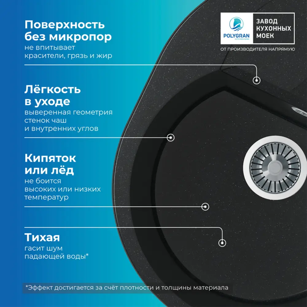 Фото 8 Мойка для кухни врезная Polygran Atol-620 50x62x20 см мрамор цвет черный Фото 8 Мойка для кухни врезная Polygran Atol-620 50x62x20 см мрамор цвет черный