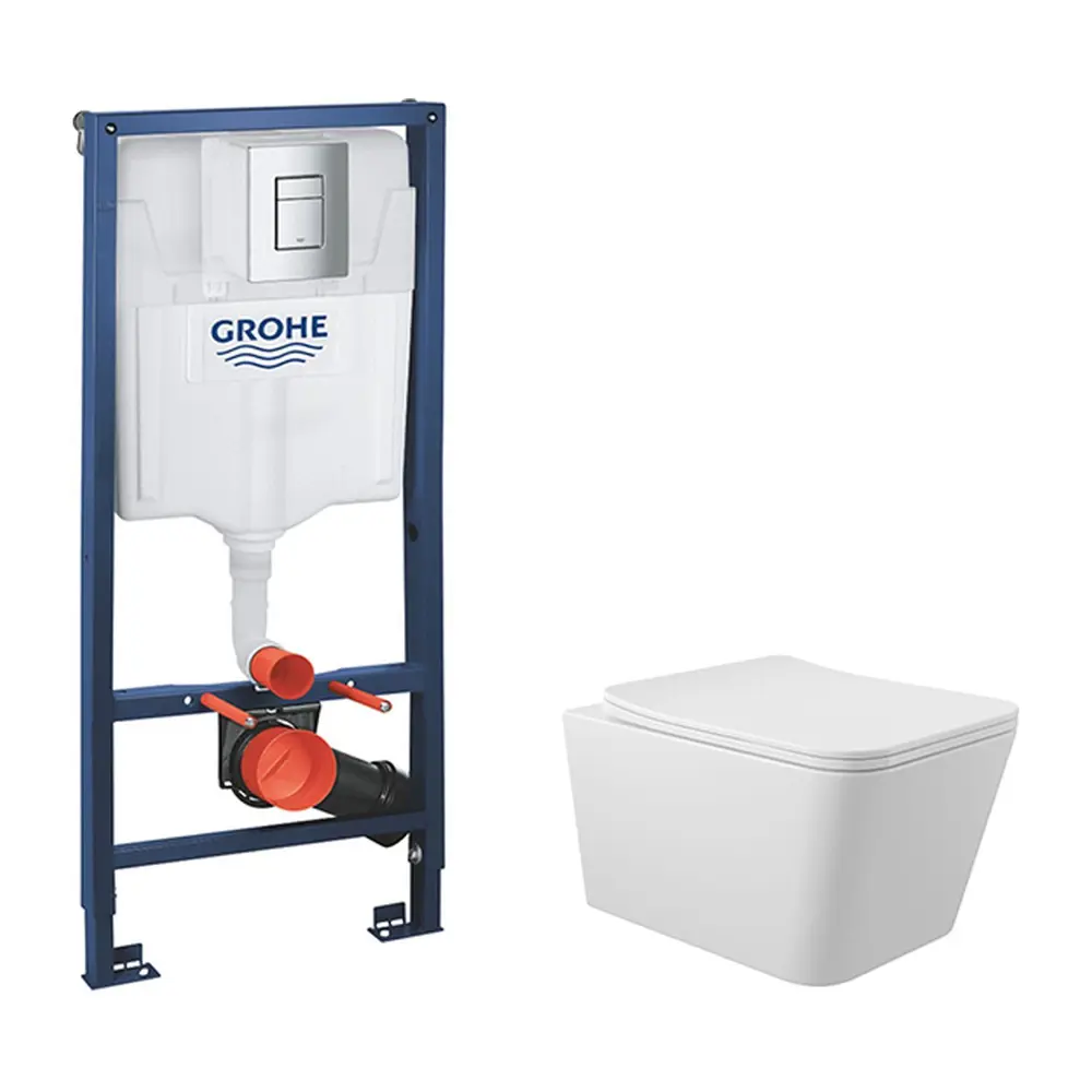 Фото 2 Инсталляция GROHE Rapid SL с клавишей хром и унитаз подвесной безободковый ADT 52x37 микролифт белый глянцевый форма квадрат Фото 2 Инсталляция GROHE Rapid SL с клавишей хром и унитаз подвесной безободковый ADT 52x37 микролифт белый глянцевый форма квадрат