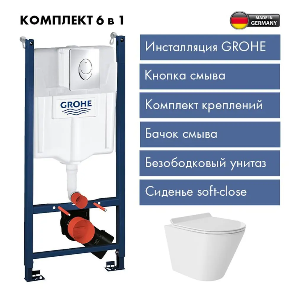 Фото Инсталляция GROHE Rapid SL с клавишей матовый хром и унитаз подвесной безободковый ADT 48x36Vortex микролифт белый глянцевый конус Фото Инсталляция GROHE Rapid SL с клавишей матовый хром и унитаз подвесной безободковый ADT 48x36Vortex микролифт белый глянцевый конус