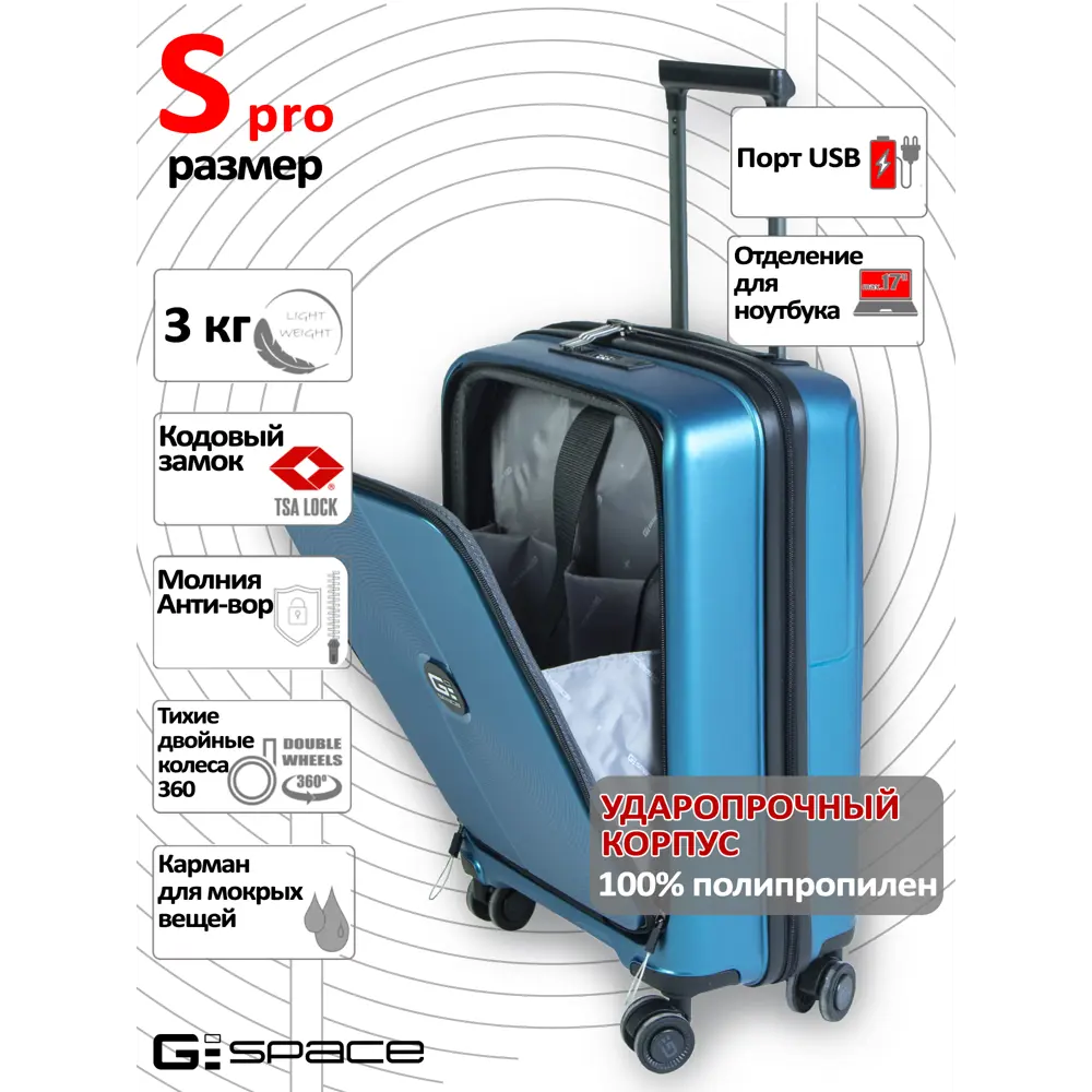 Фото Чемодан Gspace Focus размер S 38x55x25 см полипропилен цвет синий Фото Чемодан Gspace Focus размер S 38x55x25 см полипропилен цвет синий