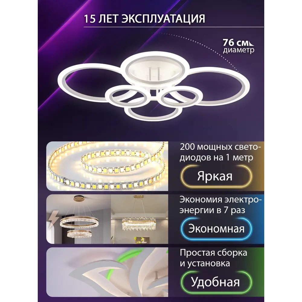 Фото 2 Люстра потолочная светодиодная Natali Kovaltseva 84000 Home с пультом управления 28 м² регулируемый белый свет цвет белый Фото 2 Люстра потолочная светодиодная Natali Kovaltseva 84000 Home с пультом управления 28 м² регулируемый белый свет цвет белый