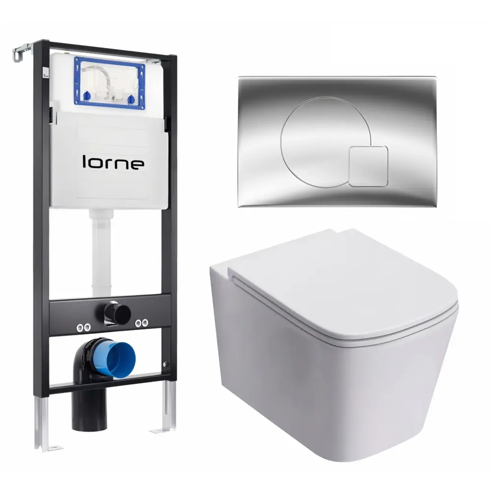 Фото Комплект 3 в 1 инсталляция Lorne Profi LN7002500 630329 с унитазом подвесным Lorne Lambro Tornado LN5007505, кнопка хром глянцевый Geometriq