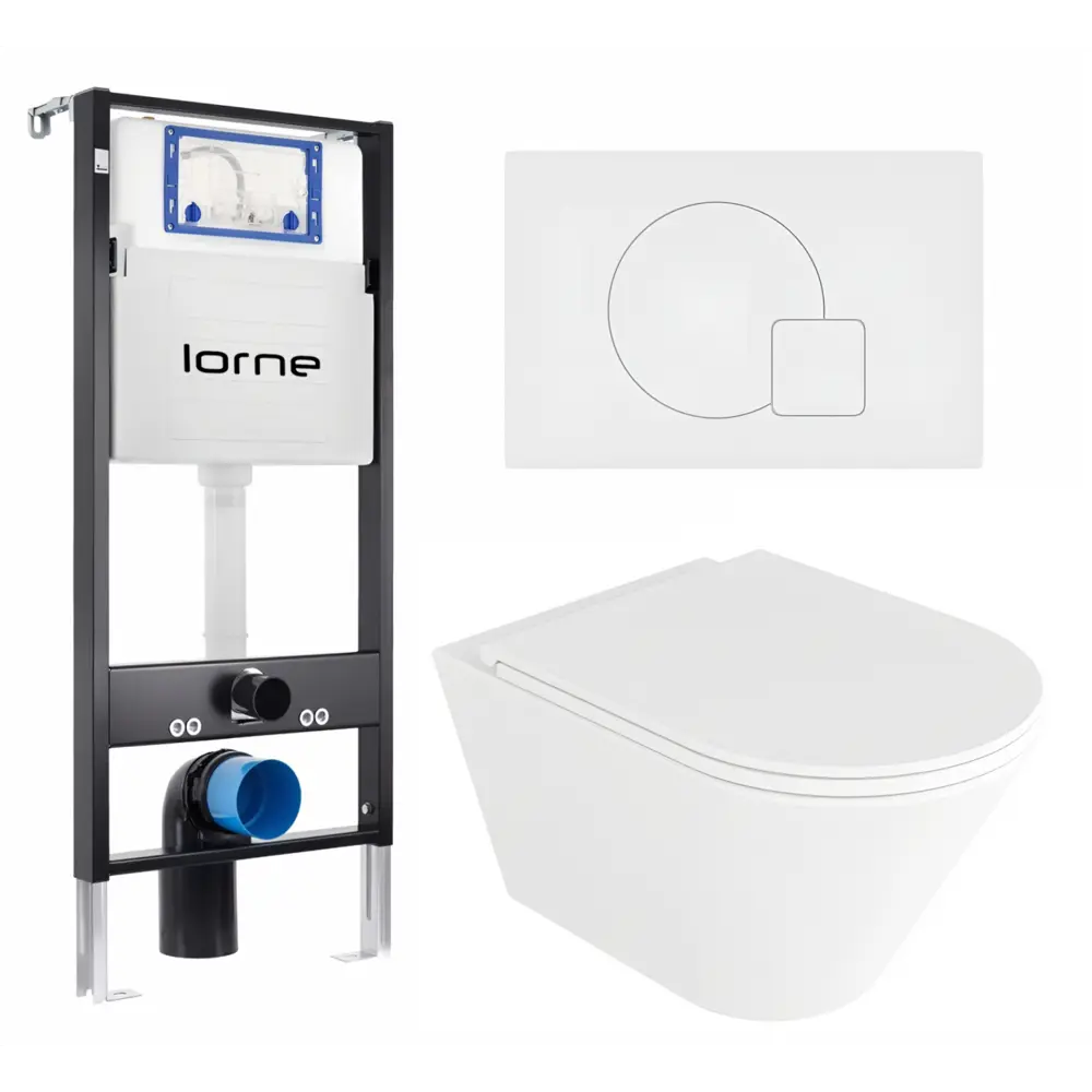 Фото Комплект 3 в 1 инсталляция Lorne Profi LN7002500 630345 с унитазом подвесным Enio Cento EN4280110, кнопка белая матовая Geometriq Фото Комплект 3 в 1 инсталляция Lorne Profi LN7002500 630345 с унитазом подвесным Enio Cento EN4280110, кнопка белая матовая Geometriq