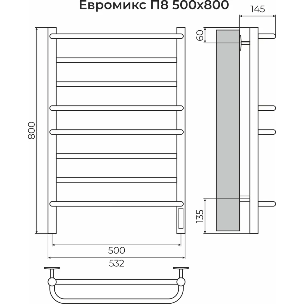 Фото 2 Полотенцесушитель электрический Terminus Евромикс П8 500x800 мм 115 Вт с терморегулятором лесенка цвет черный муар Фото 2 Полотенцесушитель электрический Terminus Евромикс П8 500x800 мм 115 Вт с терморегулятором лесенка цвет черный муар