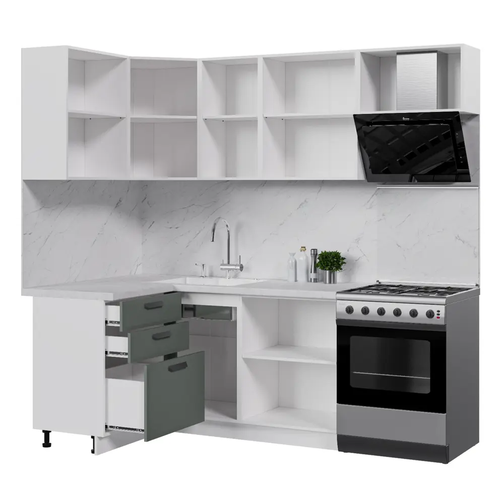 Фото 2 Кухонный гарнитур Стендмебель Призма УТ000588350 300x217x120 см ЛДСП цвет белый, светло-зеленый Фото 2 Кухонный гарнитур Стендмебель Призма УТ000588350 300x217x120 см ЛДСП цвет белый, светло-зеленый