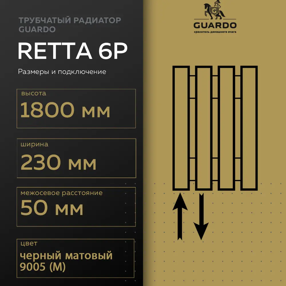 Фото 3 Радиатор трубчатый Guardo Retta 6P 50/90 5 секций нижнее левое подключение сталь черный Фото 3 Радиатор трубчатый Guardo Retta 6P 50/90 5 секций нижнее левое подключение сталь черный