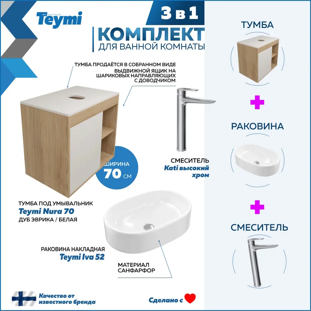 Фото 3 Тумба под раковину подвесная Teymi F10184 70см с раковиной цвет дуб Фото 3 Тумба под раковину подвесная Teymi F10184 70см с раковиной цвет дуб