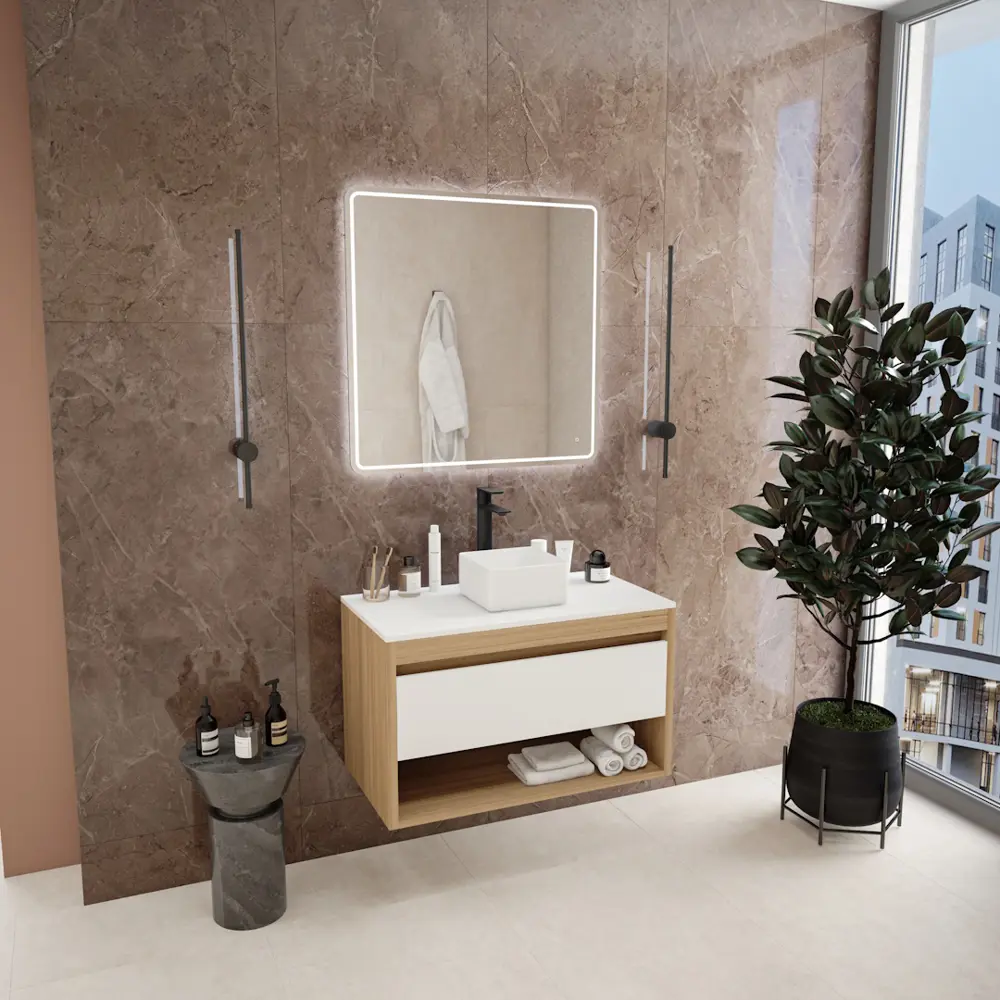Фото 2 Комплект Teymi F11710 Тумба Ritta 85 дуб эврика/белый матовый, раковина Helmi Mini 24 накладная, смеситель Ellie высокий цвет черный матовый Фото 2 Комплект Teymi F11710 Тумба Ritta 85 дуб эврика/белый матовый, раковина Helmi Mini 24 накладная, смеситель Ellie высокий цвет черный матовый