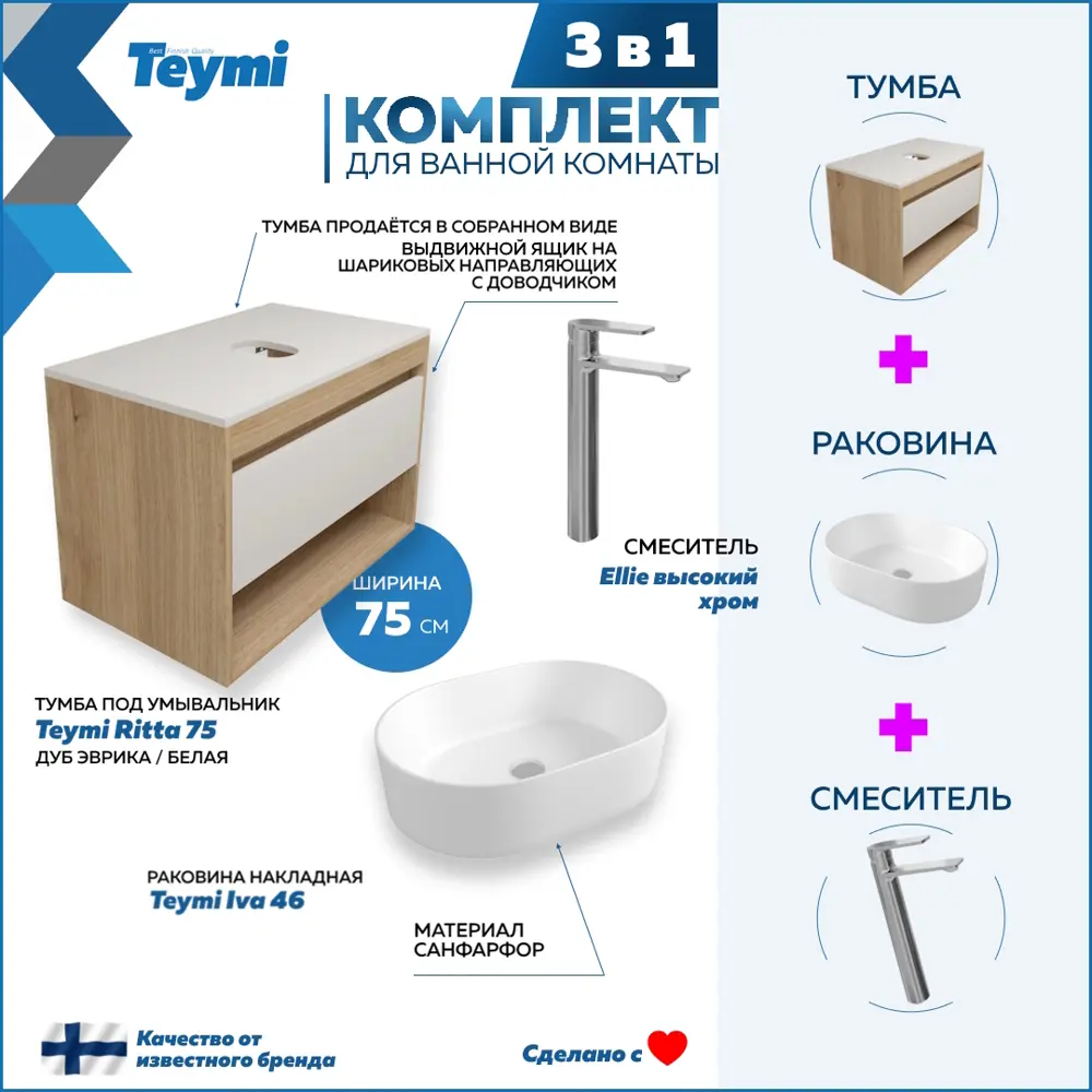 Фото 3 Тумба с раковиной Teymi Ritta F09584 75 Фото 3 Тумба с раковиной Teymi Ritta F09584 75