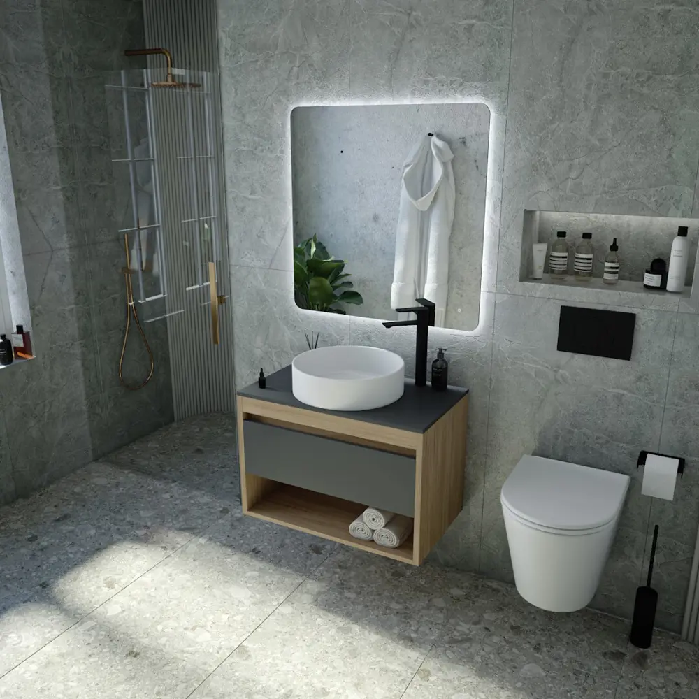 Фото 2 Комплект Teymi 3 в 1: Тумба Ritta 65 дуб эврика/графит матовый + раковина Lina D41 накладная + смеситель Ellie высокий черный матовый F09091 Фото 2 Комплект Teymi 3 в 1: Тумба Ritta 65 дуб эврика/графит матовый + раковина Lina D41 накладная + смеситель Ellie высокий черный матовый F09091