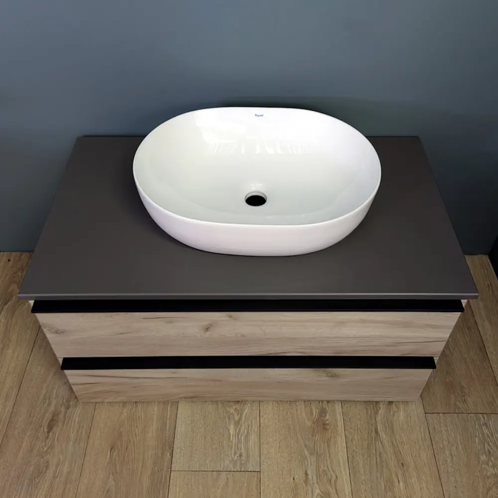 Фото 13 Комплект тумба под раковину Helmi 85 дуб крафт/графит и раковина Solli 48 F00353