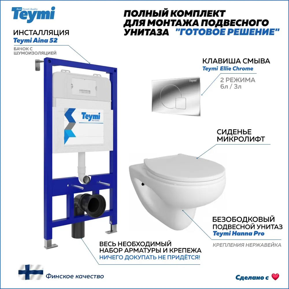 Фото Комплект инсталляция с унитазом Teymi Hanna pro f00464 цвет белый Фото Комплект инсталляция с унитазом Teymi Hanna pro f00464 цвет белый