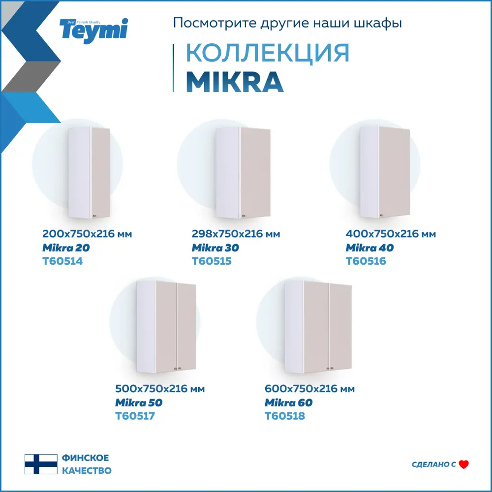 Фото 5 Пенал для ванной Teymi Mikra T60518 подвесной 60см цвет белый Фото 5 Пенал для ванной Teymi Mikra T60518 подвесной 60см цвет белый