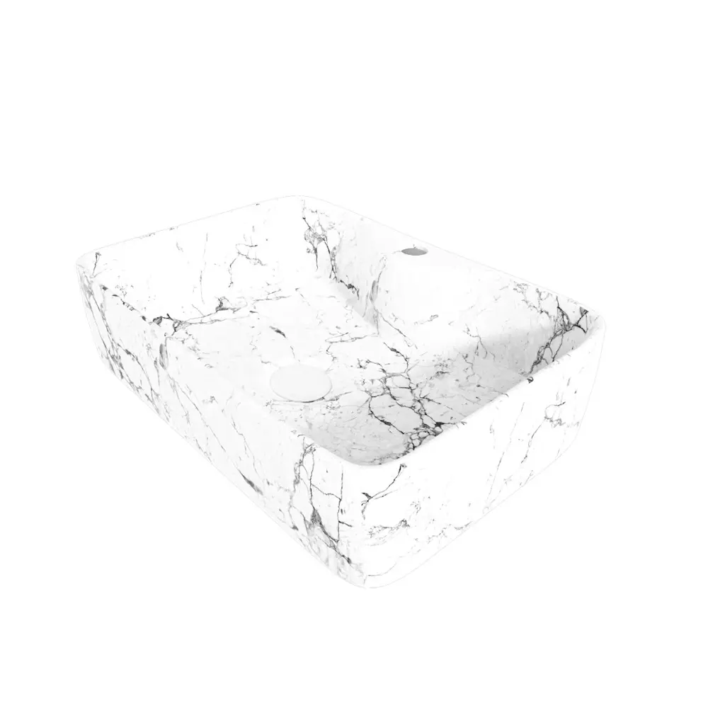 Фото 5 Раковина для ванной накладная Teymi Helmi S 48 белый мрамор в комплекте смеситель черный матовый F12776