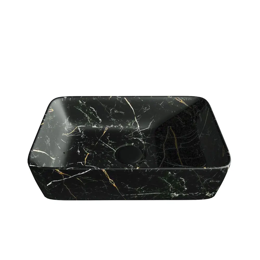 Фото 4 Раковина для ванной накладная Teymi Helmi 50 черный мрамор в комплекте смеситель высокий черный матовый F12827