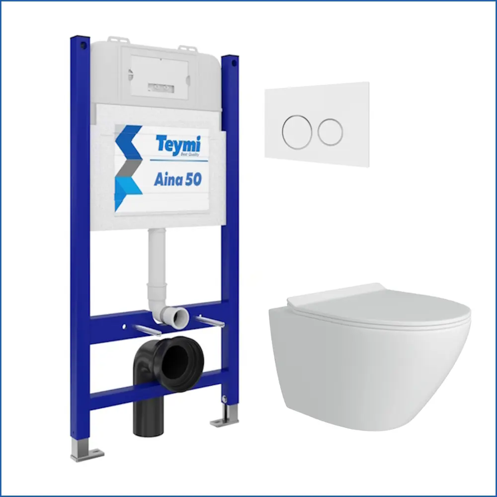 Фото Инсталляция с унитазом комплект 5 в 1 Teymi F13516 унитаз подвесной безободковый Lina Pro кнопка белая/хром Фото Инсталляция с унитазом комплект 5 в 1 Teymi F13516 унитаз подвесной безободковый Lina Pro кнопка белая/хром