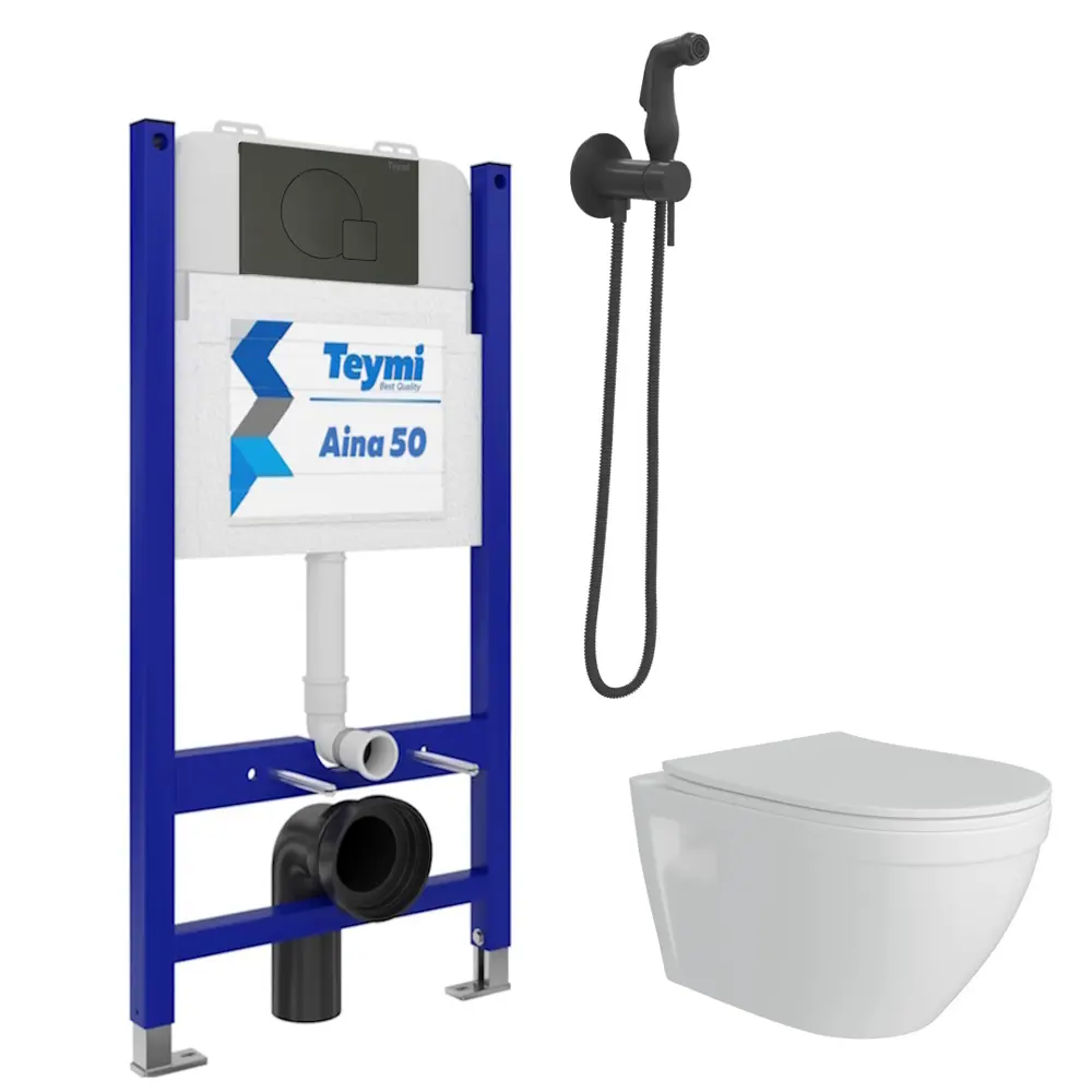 Фото 2 Комплект Teymi F08434 Инсталляция Aina 50, клавиша смыва Ellie черная, унитаз Vitra, гигиенический душ Lina черный матовый F08434