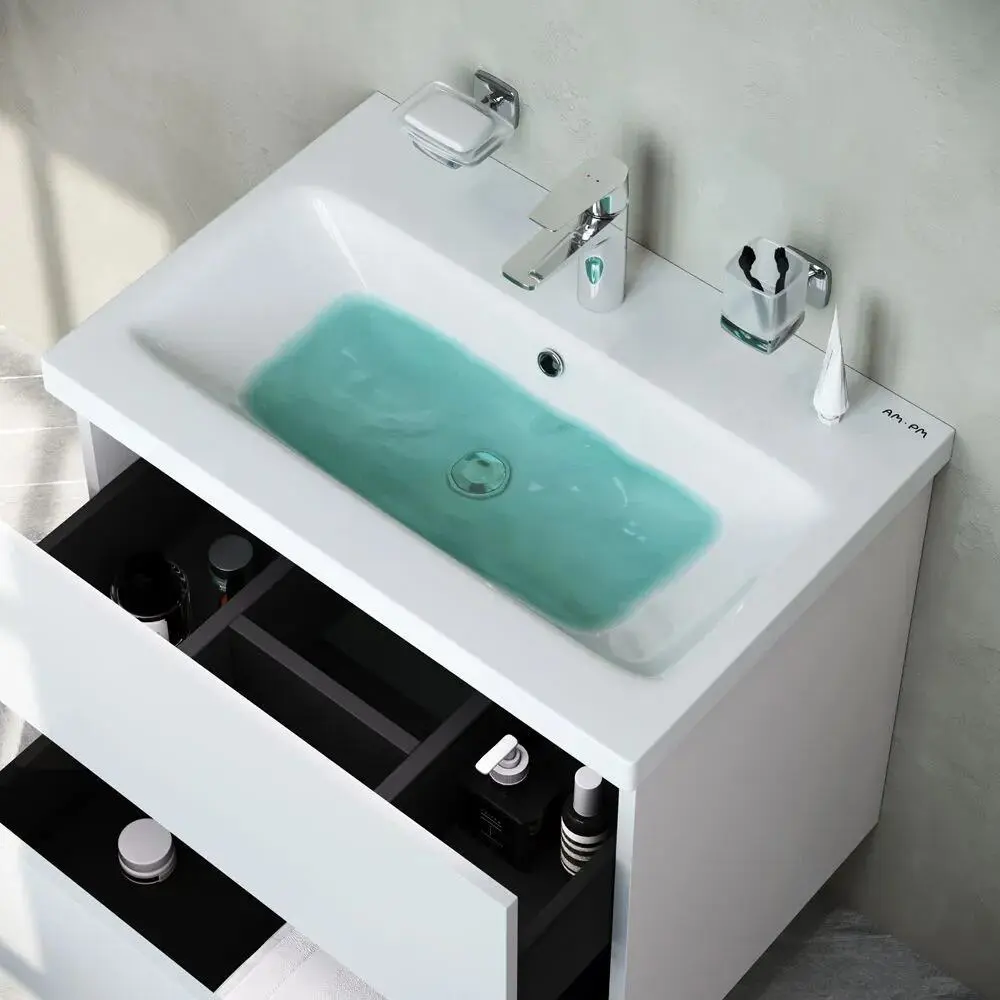 Фото 2 Тумба с раковиной Am.pm с поворотным смесителем Like хром подвесная 60 см белый глянец