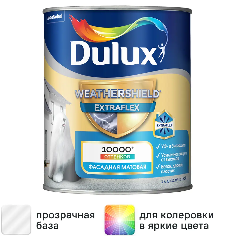 Фото Краска фасадная Dulux Weathershield Extraflex прозрачная матовая база BC 0.9 л Фото Краска фасадная Dulux Weathershield Extraflex прозрачная матовая база BC 0.9 л