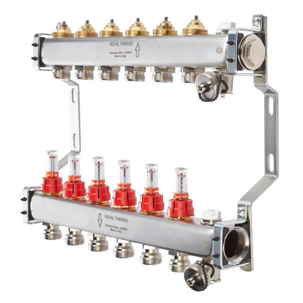 Фото 2 Коллекторная группа Royal thermo с расходомерами на 10 выходов 1"x3/4" нержавеющая сталь евроконус Фото 2 Коллекторная группа Royal thermo с расходомерами на 10 выходов 1"x3/4" нержавеющая сталь евроконус