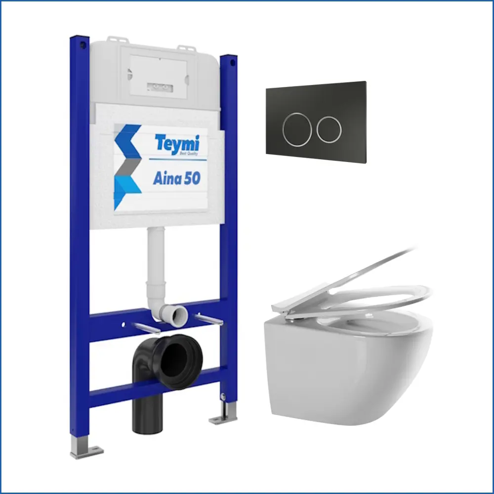 Фото 2 Комплект инсталляция с унитазом Teymi 5 в 1 F13452: унитаз подвесной безободковый Lina Media кнопка черная/хром Фото 2 Комплект инсталляция с унитазом Teymi 5 в 1 F13452: унитаз подвесной безободковый Lina Media кнопка черная/хром