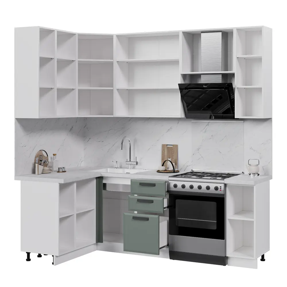 Фото 2 Кухонный гарнитур Стендмебель Призма УТ000588470 170x237x130 см ЛДСП цвет белый, светло-зеленый