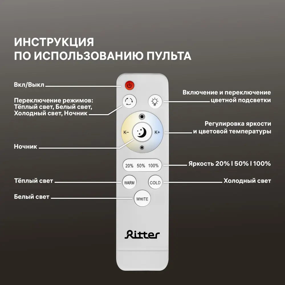 Фото 5 Люстра потолочная светодиодная Ritter Fiuggi с пультом управления 46 м² регулируемый цвет света RGB цвет белый Фото 5 Люстра потолочная светодиодная Ritter Fiuggi с пультом управления 46 м² регулируемый цвет света RGB цвет белый