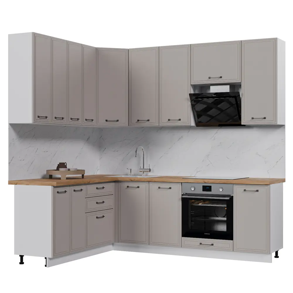 Фото Кухонный гарнитур Стендмебель Индира УТ000587925 240x237x180 см ЛДСП цвет белый, дюна Фото Кухонный гарнитур Стендмебель Индира УТ000587925 240x237x180 см ЛДСП цвет белый, дюна