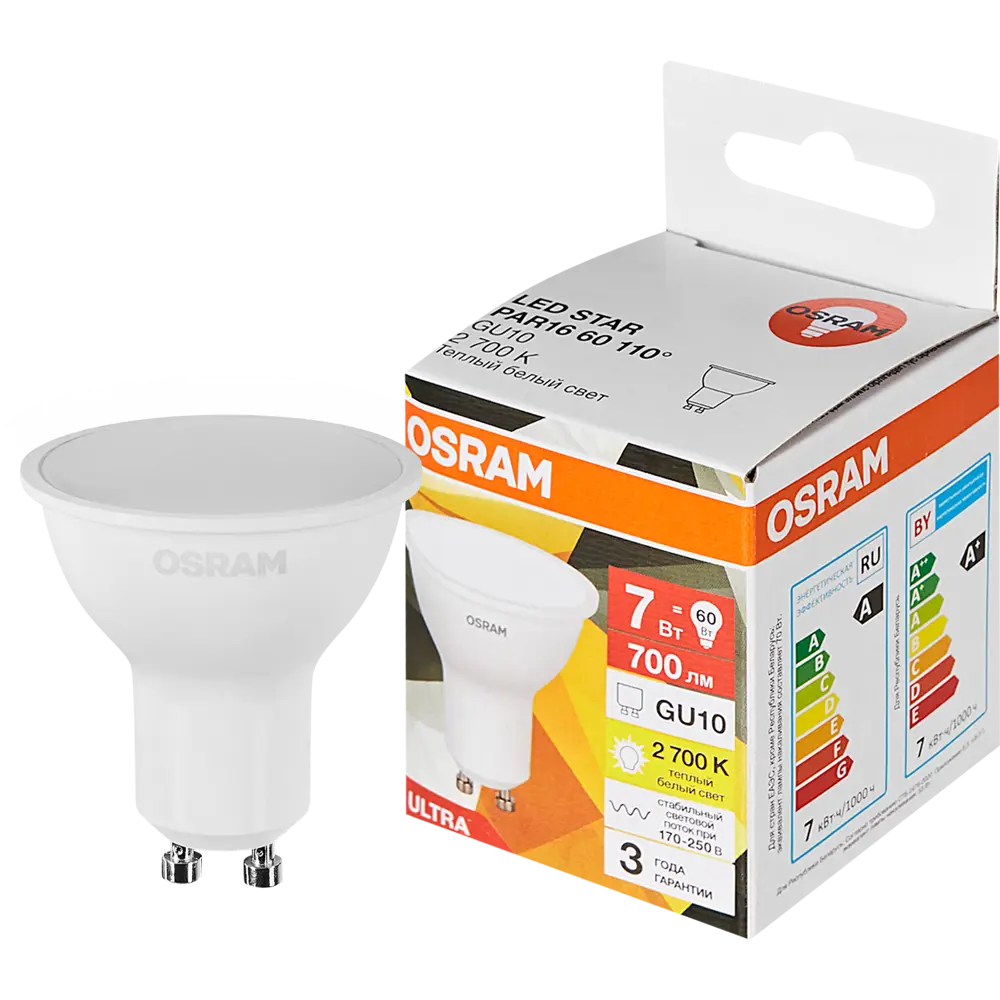 Фото Лампа светодиодная Osram GU10 7 Вт теплый белый свет Фото Лампа светодиодная Osram GU10 7 Вт теплый белый свет
