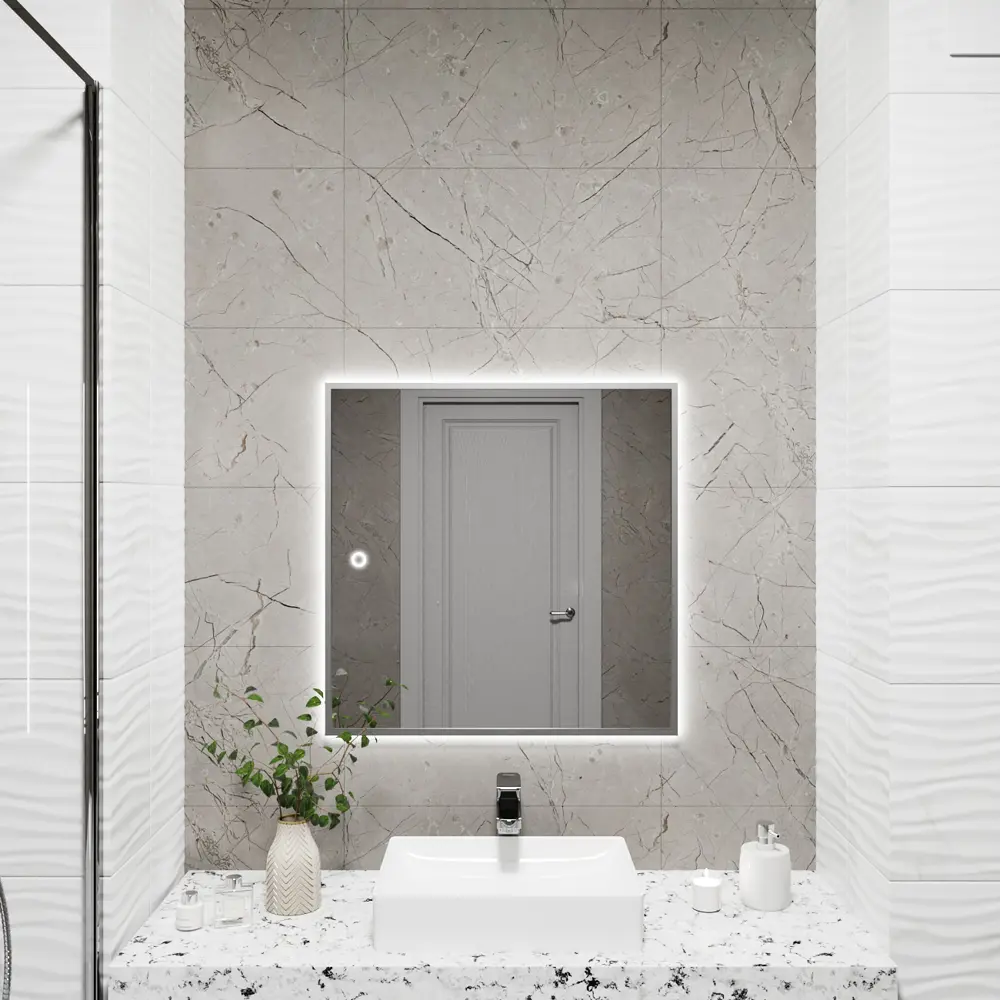 Фото Зеркало с подсветкой в ванную One Mirror 70x70см сенсорное цвет серебро Фото Зеркало с подсветкой в ванную One Mirror 70x70см сенсорное цвет серебро