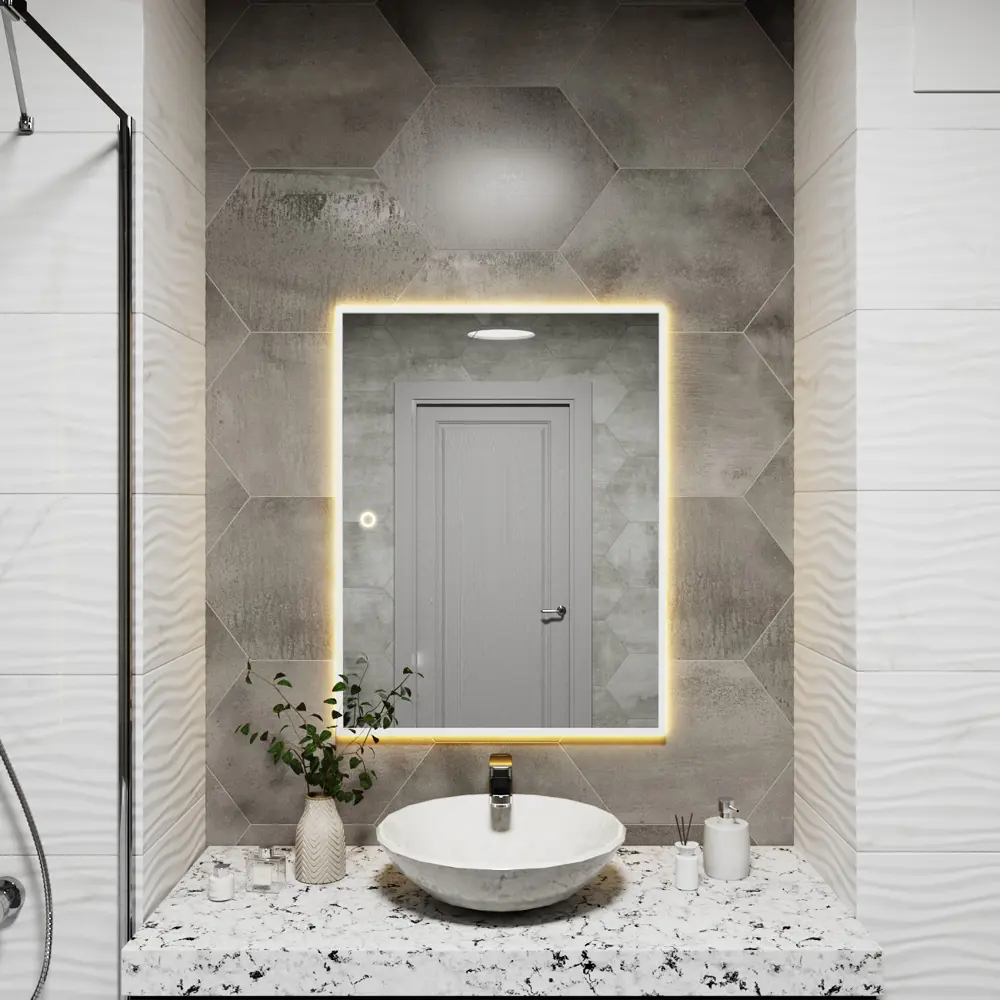 Фото 2 Зеркало с подсветкой в ванную One Mirror 80x60см сенсорное цвет белое