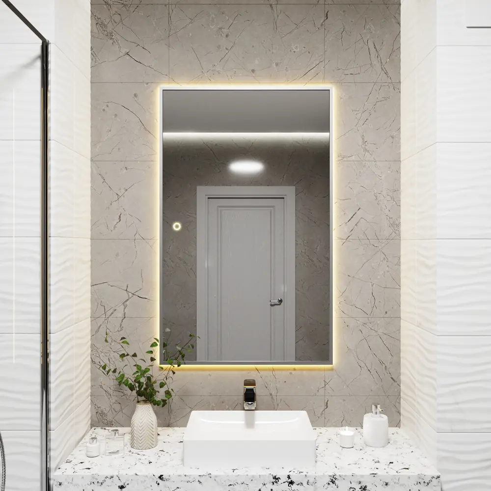 Фото 2 Зеркало с подсветкой в ванную One Mirror 100x60см сенсорное в алюминиевой раме цвет серебро Фото 2 Зеркало с подсветкой в ванную One Mirror 100x60см сенсорное в алюминиевой раме цвет серебро