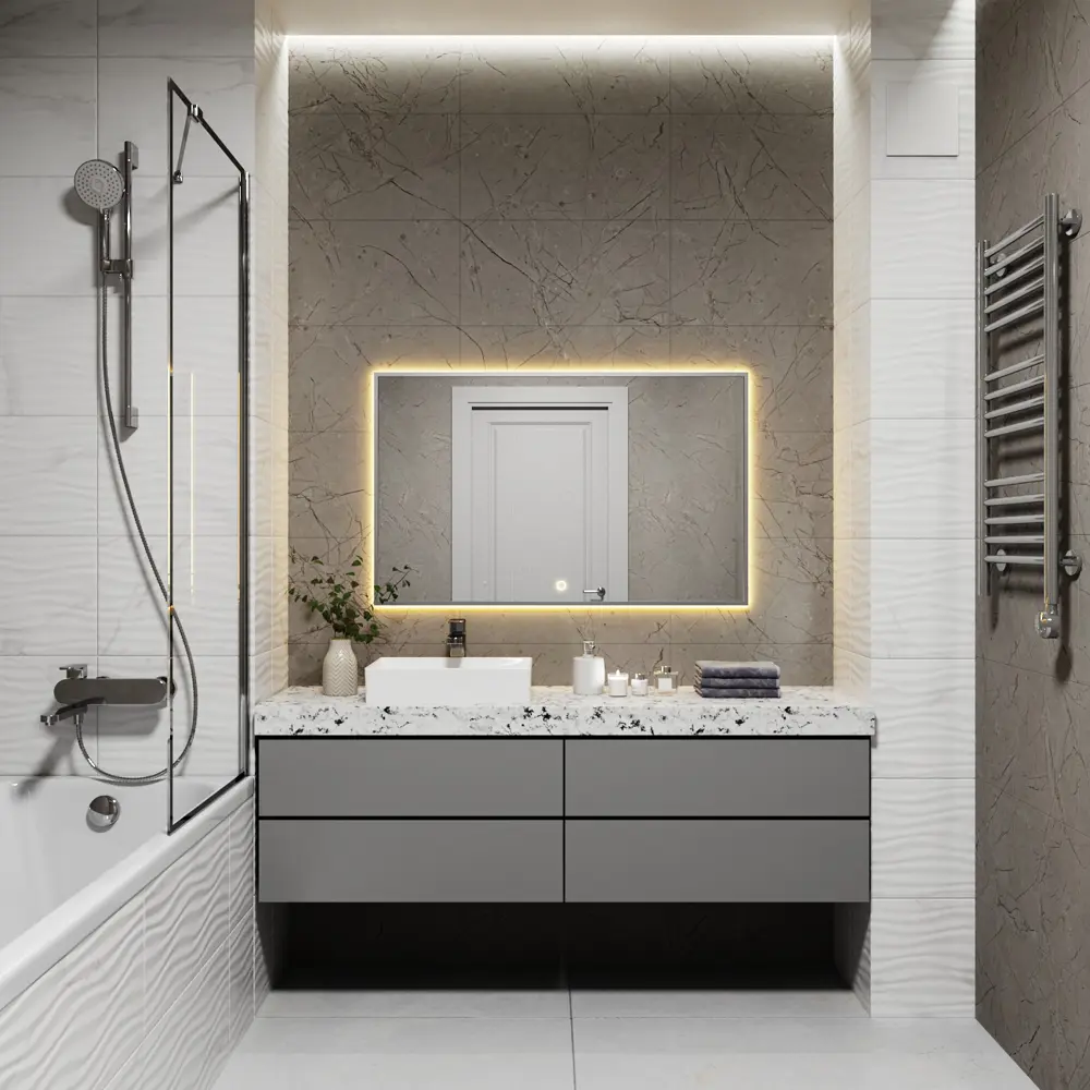 Фото Зеркало с подсветкой в ванную One Mirror 100x60см сенсорное в алюминиевой раме цвет серебро Фото Зеркало с подсветкой в ванную One Mirror 100x60см сенсорное в алюминиевой раме цвет серебро