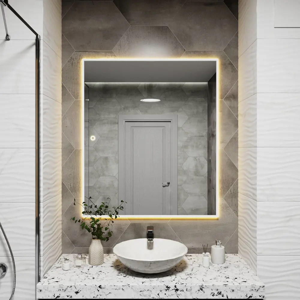 Фото 5 Зеркало с подсветкой в ванную One Mirror 110x90см сенсорное в алюминиевой раме цвет белое