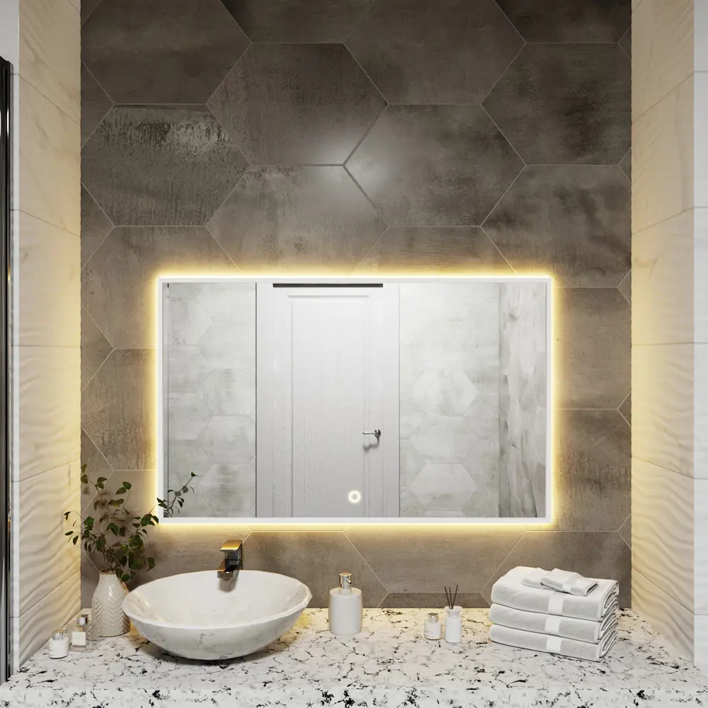 Фото 6 Зеркало с подсветкой в ванную One Mirror 100x70см сенсорное в алюминиевой раме цвет белое