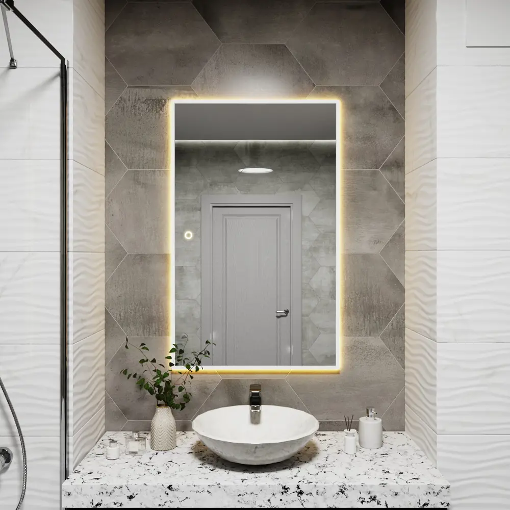 Фото 4 Зеркало с подсветкой в ванную One Mirror 100x70см сенсорное в алюминиевой раме цвет белое