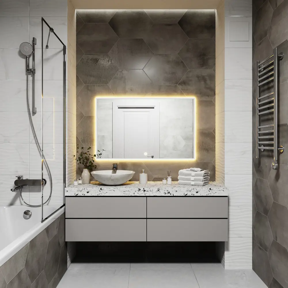 Фото 8 Зеркало с подсветкой в ванную One Mirror 100x70см сенсорное в алюминиевой раме цвет белое